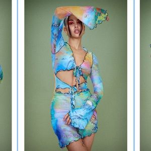 MIX FAIRY PRINT TIE FRONT MESH DRESS